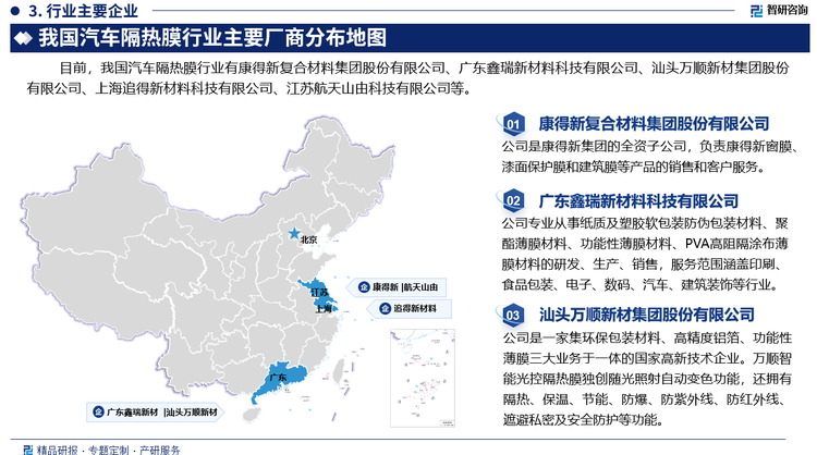 目前，我国汽车隔热膜行业有康得新复合材料集团股份有限公司、广东鑫瑞新材料科技有限公司、汕头万顺新材集团股份有限公司、上海追得新材料科技有限公司、江苏航天山由科技有限公司等。