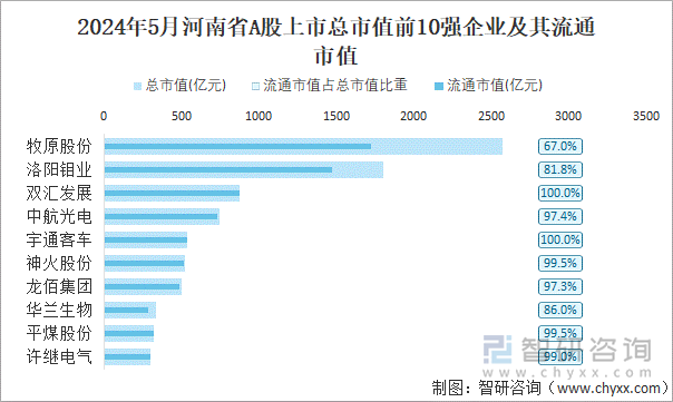 2024年5月河南省A股上市总市值前10强企业及其流通市值