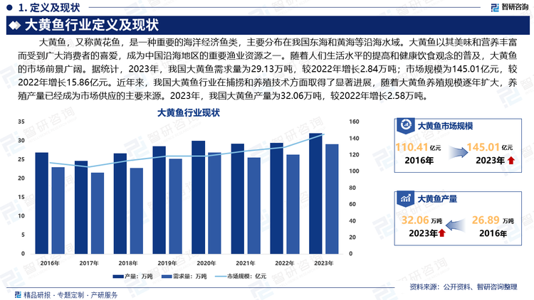 近年来，国家和地方政府出台了一系列政策支持大黄鱼养殖和保护，推动了行业的健康发展。随着人们生活水平的提高和健康饮食观念的普及，大黄鱼的市场前景广阔。无论是国内还是国际市场，对高品质大黄鱼产品的需求都在不断增加。据统计，2023年，我国大黄鱼需求量为29.13万吨，较2022年增长2.84万吨；市场规模为145.01亿元，较2022年增长15.86亿元。近年来，我国大黄鱼行业在捕捞和养殖技术方面取得了显著进展，随着大黄鱼养殖规模逐年扩大，养殖产量已经成为市场供应的主要来源。2023年，我国大黄鱼产量为32.06万吨，较2022年增长2.58万吨。