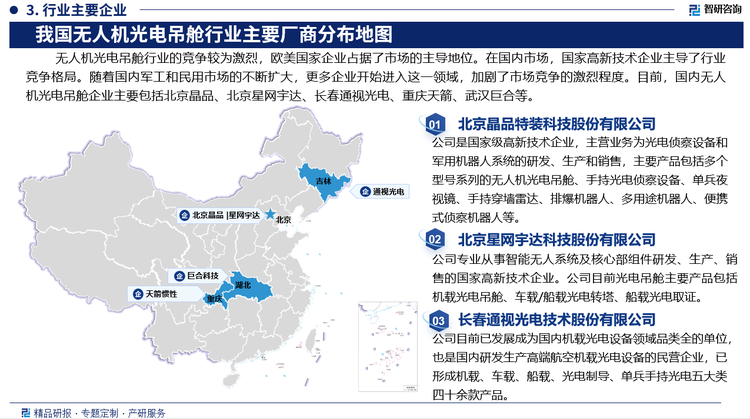 无人机光电吊舱行业的竞争较为激烈，欧美国家在光电吊舱技术上起步较早，拥有多家实力强大的企业，这些企业占据了市场的主导地位。在国内市场，国家高新技术企业主导了行业竞争格局，它们凭借先进的技术和强大的资金支持，不断推出创新产品，提升市场竞争力。此外，随着国内军工和民用市场的不断扩大，更多企业开始进入这一领域，加剧了市场竞争的激烈程度。目前，国内无人机光电吊舱企业主要包括北京晶品、北京星网宇达、长春通视光电、重庆天箭、武汉巨合等。