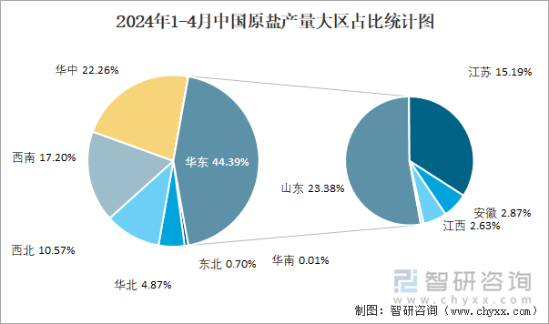 2024年1-4月中国原盐产量大区占比统计图