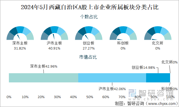 2024年5月西藏自治区A股上市企业所属板块分类占比图