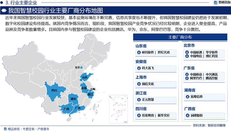 21世纪以来，西方发达国家已经基本上实现了智慧校园的建设，数字校园建设已经从计算、存储和网络基础设施建设阶段进入到软件服务平台和数据资源建设阶段。虽然近年来我国智慧校园行业发展较快，基本设施环境在不断完善，信息共享度也不断提升，但我国智慧校园建设仍然处于发展初期，数字化校园建设从认识、研究到资金投入都比国外发达国家要慢，竞争力有待提高。就国内竞争情况而言，现阶段，我国智慧校园产业竞争状况已经比较明朗，企业进入壁垒提高，产品品种及竞争者数量增多。目前国内参与智慧校园建设的企业包括腾讯、华为、京东、阿里巴巴等，竞争十分激烈。