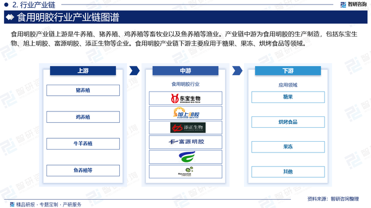 食用明胶产业链上游是牛养殖、猪养殖、鸡养殖等畜牧业以及鱼养殖等渔业。产业链中游为食用明胶的生产制造，包括东宝生物、旭上明胶、富源明胶、添正生物等企业。食用明胶产业链下游主要应用于糖果、果冻、烘烤食品等领域。