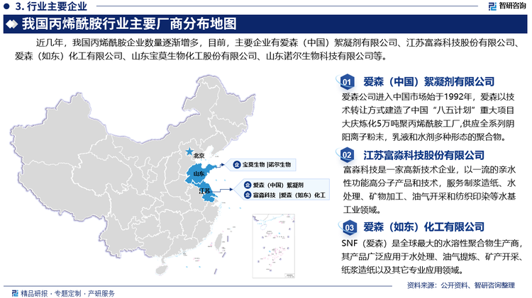 近几年，我国丙烯酰胺企业数量逐渐增多，主要企业有爱森（中国）絮凝剂有限公司、江苏富淼科技股份有限公司、爱森（如东）化工有限公司、山东宝莫生物化工股份有限公司、山东诺尔生物科技有限公司等。随着我国环保政策逐步实施，丙烯酰胺生产企业的环保压力逐渐提升，需要进一步加大资源利用优化、污染物排放控制等，从而促进绿色生产的发展。