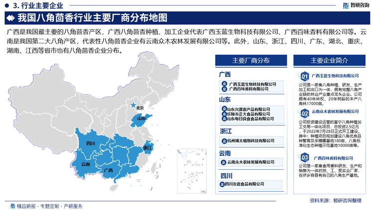 广西是我国最主要的八角茴香产区，广西八角茴香种植、加工企业代表广西玉蓝生物科技有限公司、广西百味香料有限公司等。云南是我国第二大八角产区，代表性八角茴香企业有云南众木农林发展有限公司等。此外，山东、浙江、四川、广东、湖北、重庆、湖南、江西等省市也有八角茴香企业分布。