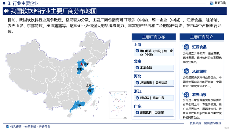 目前，我国软饮料行业竞争激烈，格局较为分散，主要厂商包括有可口可乐（中国)、统一企业（中国）、汇源食品、哇哈哈、农夫山泉、东鹏特饮、承德露露等。这些企业凭借强大的品牌影响力、丰富的产品线和广泛的销售网络，在市场中占据重要地位。