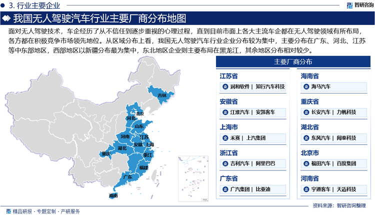 面对无人驾驶技术，车企经历了从不信任到逐步重视的心理过程，直到目前市面上各大主流车企都在无人驾驶领域有所布局，各方都在积极竞争市场领先地位。从区域分布上看，我国无人驾驶汽车行业企业分布较为集中，主要分布在广东、河北、江苏等中东部地区，西部地区以新疆分布最为集中，东北地区企业则主要布局在黑龙江，其余地区分布相对较少。