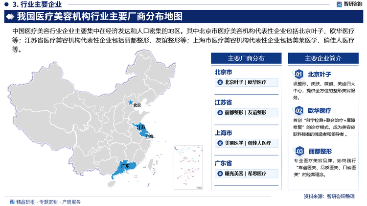 中国医疗美容行业企业主要集中在经济发达和人口密集的地区。其中北京市医疗美容机构代表性企业包括北京叶子、欧华医疗等；江苏省医疗美容机构代表性企业包括丽都整形、友谊整形等；上海市医疗美容机构代表性企业包括美莱医学、俏佳人医疗等。