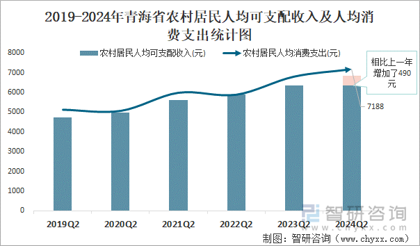 2019-2024年青海省农村居民人均可支配收入及人均消费支出统计图