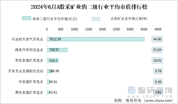 2024年6月A股采矿业的二级行业平均市值排行榜