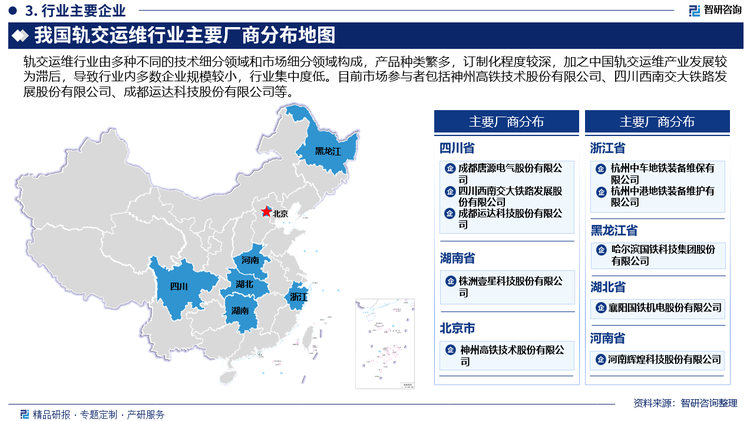 轨交运维行业由多种不同的技术细分领域和市场细分领域构成，产品种类繁多，订制化程度较深，加之中国轨交运维产业发展较为滞后，导致行业内多数企业规模较小，行业集中度低。目前市场参与者包括神州高铁技术股份有限公司、四川西南交大铁路发展股份有限公司、成都运达科技股份有限公司等。