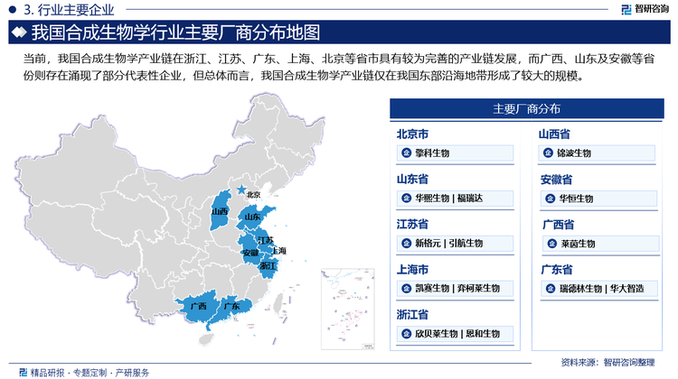 当前，我国合成生物学产业链在浙江、江苏、广东、上海、北京等省市具有较为完善的产业链发展，而广西、山东及安徽等省份则存在涌现了部分代表性企业，但总体而言，我国合成生物学产业链仅在我国东部沿海地带形成了较大的规模。