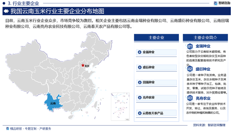 目前，云南玉米行业企业众多，市场竞争较为激烈。相关企业主要包括云南金瑞种业有限公司、云南盛衍种业有限公司、云南田瑞种业有限公司、云南亮舟农业科技有限公司、云南春天农产品有限公司等。