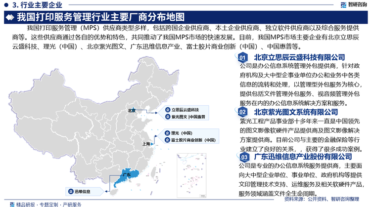 我国打印服务管理（MPS）供应商类型多样，包括跨国企业供应商、本土企业供应商、独立软件供应商以及综合服务提供商等。这些供应商通过各自的优势和特色，共同推动了我国打印服务管理（MPS）市场的快速发展。目前，我国打印服务管理（MPS）市场主要企业有北京立思辰云盛科技有限公司、理光（中国）投资有限公司、北京紫光图文系统有限公司、广东迅维信息产业股份有限公司、富士胶片商业创新（中国）有限公司、中国惠普有限公司等。