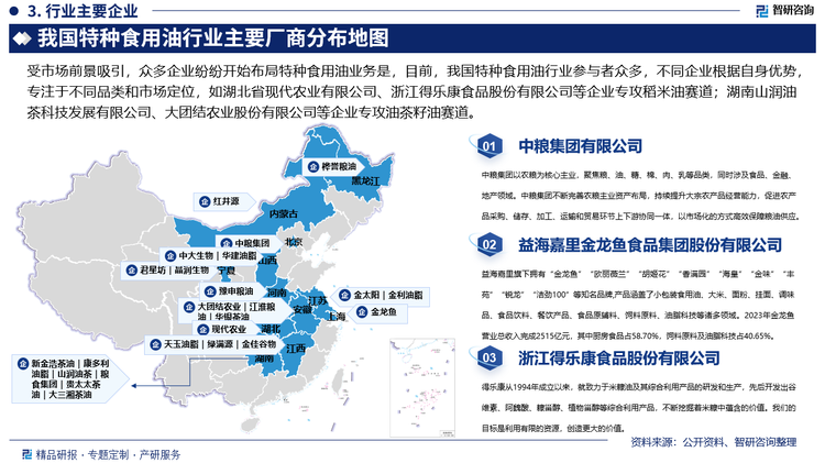 受市场前景吸引，众多企业纷纷开始布局特种食用油业务是，目前，我国特种食用油行业参与者众多，不同企业根据自身优势，专注于不同品类和市场定位，如湖北省现代农业有限公司、浙江得乐康食品股份有限公司、蚌埠市江淮粮油有限公司等企业专攻稻米油赛道；湖南山润油茶科技发展有限公司、大团结农业股份有限公司、湖南新金浩茶油股份有限公司、安徽省华银茶油有限公司等企业专攻油茶籽油赛道；宁夏君星坊食品科技有限公司、锡林郭勒盟红井源油脂有限责任公司、大同市华建油脂有限责任公司等企业专攻亚麻籽油赛道。但也不乏布局多重特种食用油业务的企业，如中粮、益海嘉里等大型粮油企业凭借强大的生产能力、广泛的销售网络以及品牌知名度，通过多品牌策略覆盖不同的细分市场，在特种食用油市场中占据领先地位。