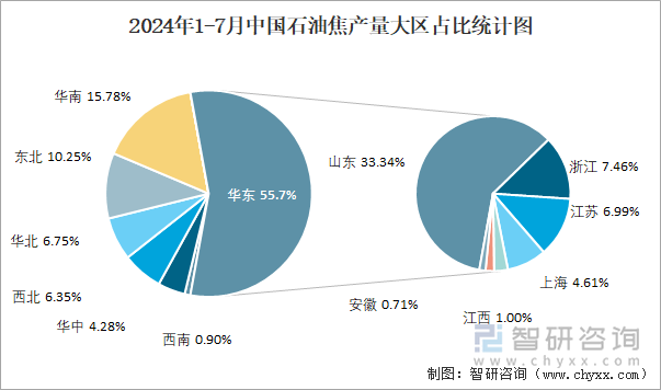 2024年1-7月中国石油焦产量大区占比统计图