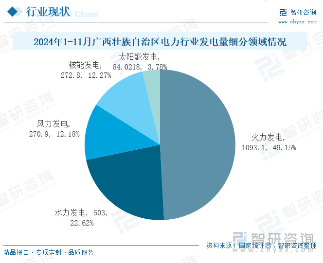 2024年1-11月广西壮族自治区电力行业发电量细分领域情况