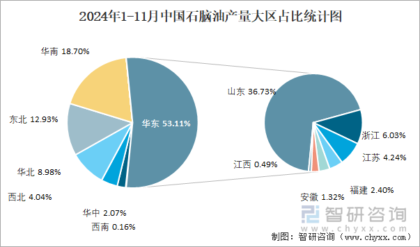 2024年1-11月中国石脑油产量大区占比统计图