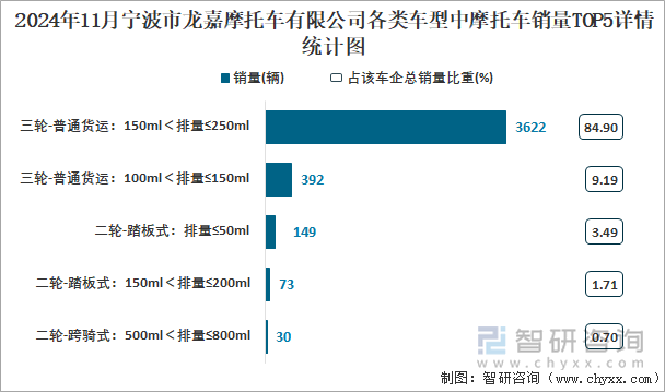 2024年11月宁波市龙嘉摩托车有限公司各类车型中摩托车销量TOP5详情统计图