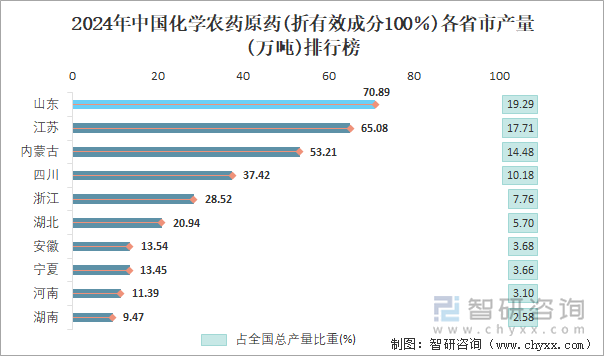 2024年中国化学农药原药(折有效成分100％)各省市产量排行榜